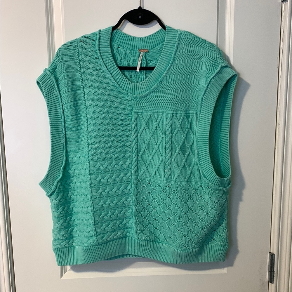 Free People XL turquoise V-Neck Sweater with Textured Pattern